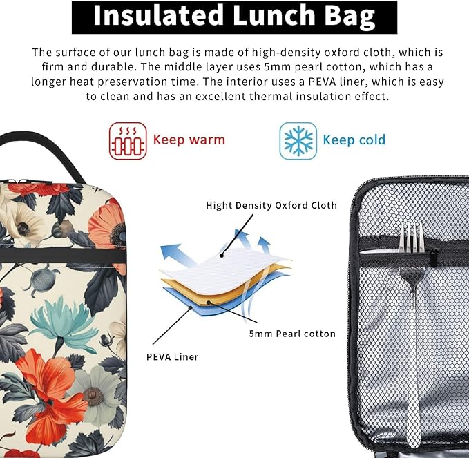 Floral Insulated Lunch Box for Women Men Floral Lunch Bag for Work,Picnic,Travel,Hiking,Beach or Fishing Polyester