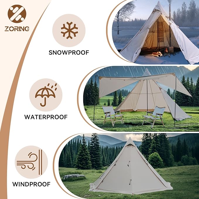 Hot Tent with Stove Jack, 4 Season 3-4 Person Tipi Tent for Camping, 8.2ft Standing Room with Snow Skirt, Cold Weather Shelter for Family Fishing, Hiking, Hunting, Backpacking