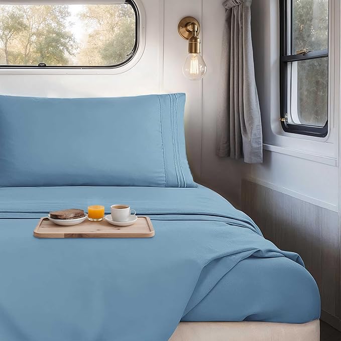 Hearth & Harbor Short Queen Sheets for RV, Blue Heaven RV Queen Sheets, Silky Soft 1800 Microfiber Bed Sheet for Camper, 4 Piece RV Bedding with Pillowcases