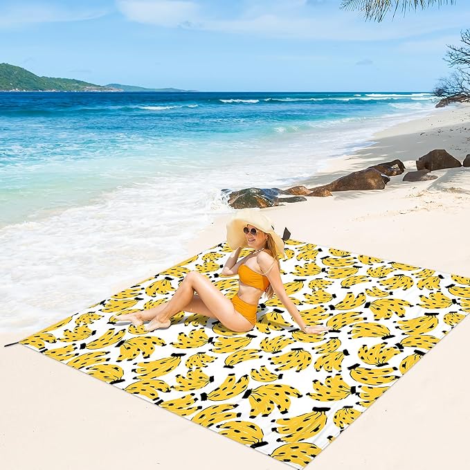 Beach Blanket Waterproof Sandproof, 9 Ft X 10 Ft Extra Large Sand Free Beach Mat, Big Compact Lightweight Quick Drying Picnic Blanket with 4 Stakes & Pockets for Camping, Travel, Hiking