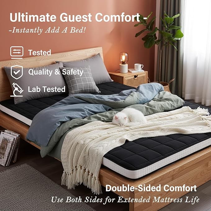Tiita Japanese Floor Mattress, 4” Thicken Futon Mattress with Storage Bag and 2 Straps, Full Size Sleeping Tatami Mat for Adults，Black