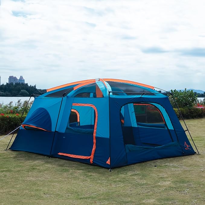KTT Extra Large Tent 6-10-12-14 Person(B),Family Cabin Tents,2 Rooms,3 Doors and 3 Windows with Mesh,Straight Wall,Waterproof,Double Layer,Big Tent for Outdoor,Picnic,Camping,Family Gathering