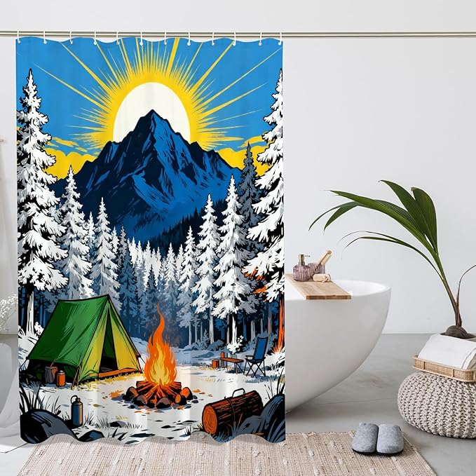 Mountain Shower Curtain, Nature Outdoor Tent Campfire Summer Blue Waterproof Fabric Bathtub Cloth Curtains Decor for Bathroom Guest Room 54x78 Inch