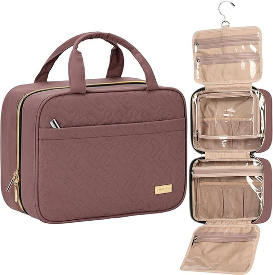 NISHEL Travel Toiletry Bag for women, Portable Hanging Organizer for Travel-Sized Shampoo, Conditioner, Brushes Set, Makeup Accessories, Medium Size, Rosewood-Pink