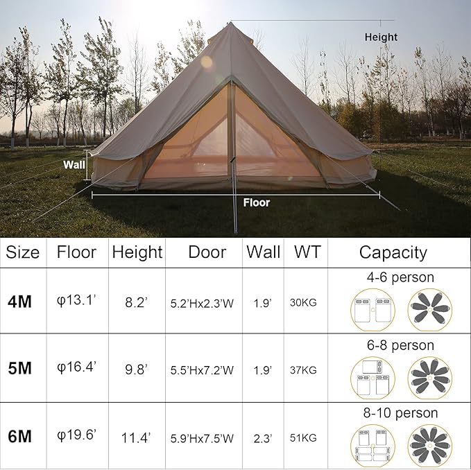 WINTENT 2 Doors All Seasons Cotton Canvas Bell Tent with Stove Jack for Camping 4/6/8/10 Persons