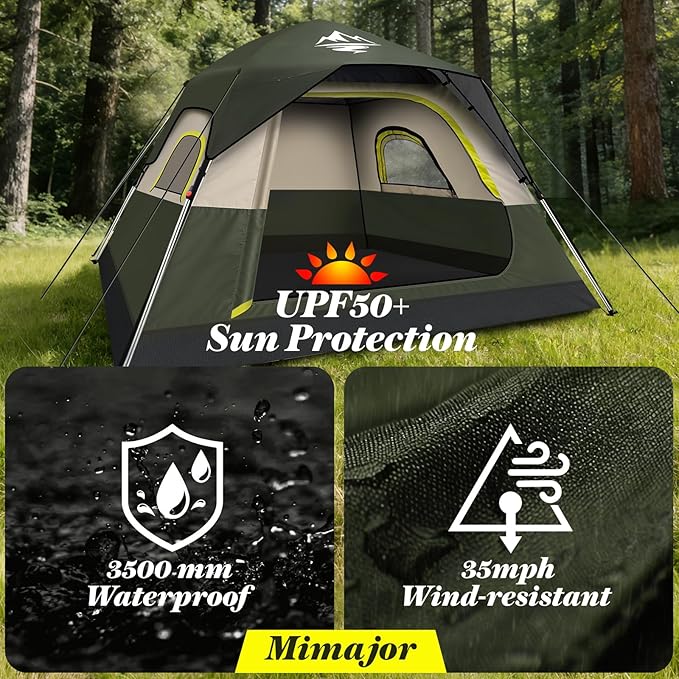 Camping Tent 2/3/4 Person Instant Pop Up Tents for Camping - 40s Automatic Easy Setup Tent with Rainfly, Double-Layer Waterproof & Windproof Instant Tents with Welcome Mat for Camping & Hiking
