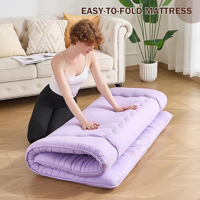 Japanese Floor Futon Mattress Twin Size, 4" Thicken Foldable Mattress Tatami Mat Sleeping Pad, 25D Foam Filled Traditional Shiki Futon (shikibuton), Designed in Japan (Purple 39"x 80")
