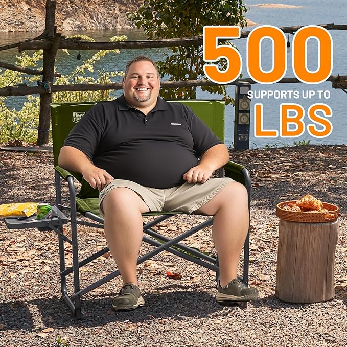 TIMBER RIDGE XXL Director’s Chair – Heavy Duty Folding Chair with Side Table, 500 lb Capacity, Extra Wide Padded Seat for Camping, Sports, Beach, Patio, and Outdoor Use, Green-2 Pack