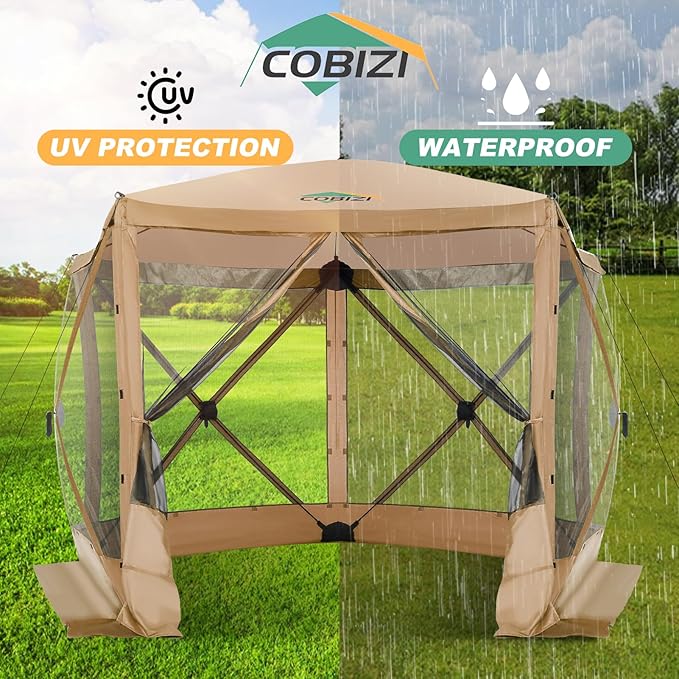 COBIZI 10x10 FT Pop up Gazebo, Popup Canopy Tent, Screened in Gazebos with sidewalls, Waterproof Portable Outdoor Small Screen Tents Sun Shelter,carpas para Patio for Camping,Garden,Backyard,Khaki