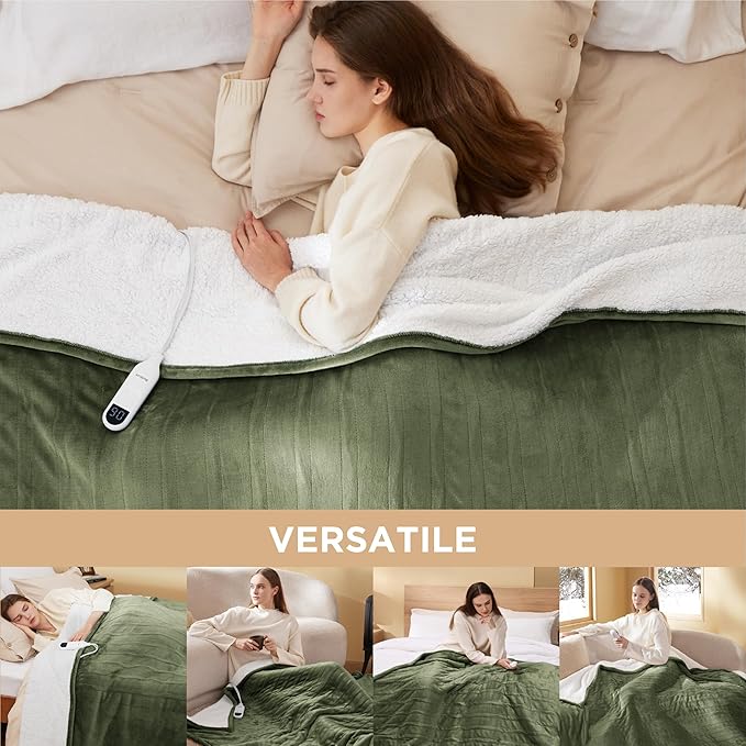 Bedsure Electric Blanket Twin - Soft Flannel Heated Blanket, Fast Heating with 10 Time Settings & 6 Heat Settings, Warm Gift for Grandma (62x84 inches, Olive Green)