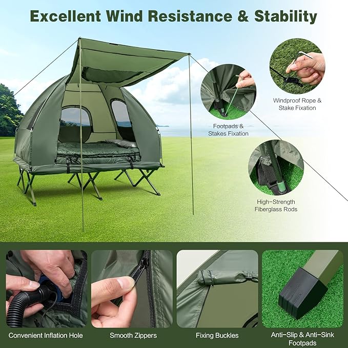 DORTALA 2-Person Tent Cot, Foldable Elevated Camping Tent w/Air Mattress & Sleeping Bag, Portable Dome Camping Tent Cot for Hiking, Camping & Picnic