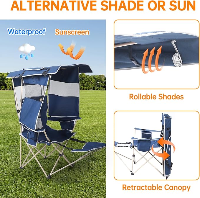 Nice C Chair with Canopy, Umbrella Chair, Chairs with Shade, Sports Chairs, USB, Type-C&DC Charging Cable Included, 30W Solar Panels, Removable Footrest&Cooler Bag (1 Navy)