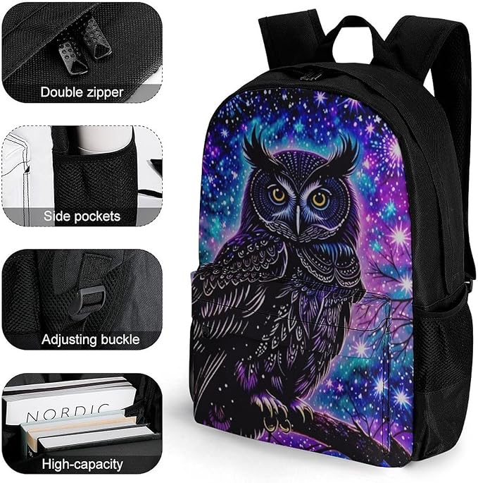 Men Women Lightweight Galaxy Owl Casual Daypack Big Capacity Bookbag With Padded Straps for Gym Travel Walking Cycling