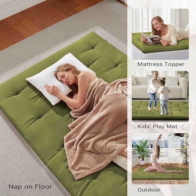 Japanese Floor Futon Mattress Twin Size 39"x 80", Foldable Floor Bed Mattress, Portable Tatami Mat Sleeping Pad, Folding Futon Cushion, Roll Up Floor Lounger for Guest Room Dormitory (Green)