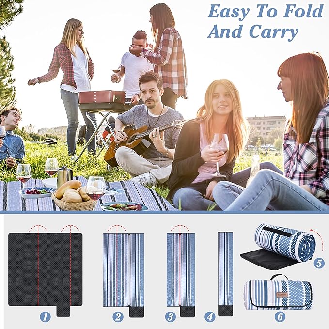 Oversized Waterproof Picnic Mat, Suitable for Camping, Outdoor, Beach, Party and Concert. (Dark Blue & Light Blue, 80" * 80")