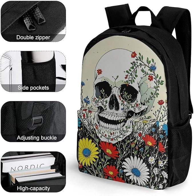 Adults Lightweight Psychedelic Skull Skeleton Floral Art Shoulder Book Bags Big Capacity Shoulder Bag With Adjustable Shoulder Straps for Trekking Work Walking Cycling