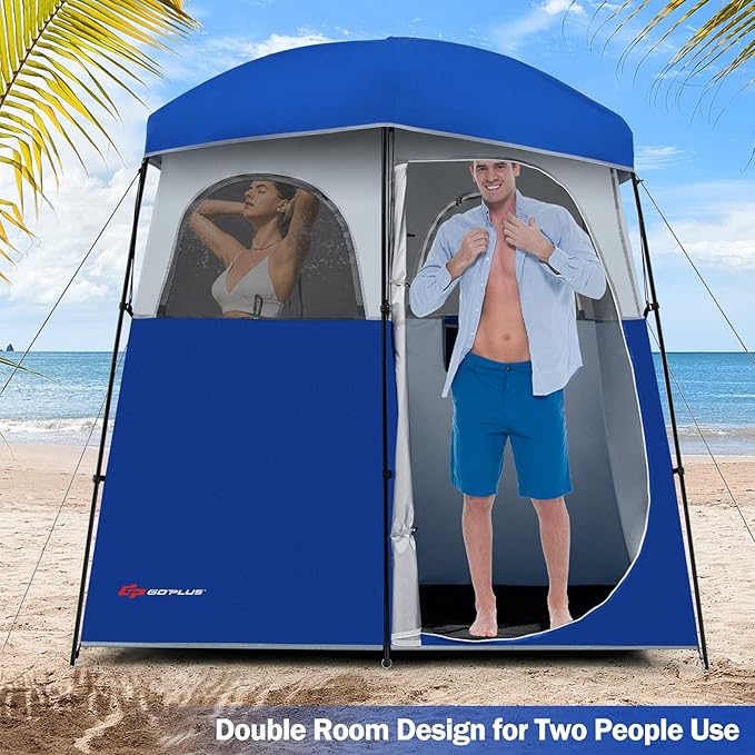 Goplus 2 Room Shower Tent, Portable Camping Changing With Floor Drain, Detachable Rain Fly, Stakes & Ropes, UV Protection, Water Resistant Privacy for Outdoor Toilet, Dressing (Blue)