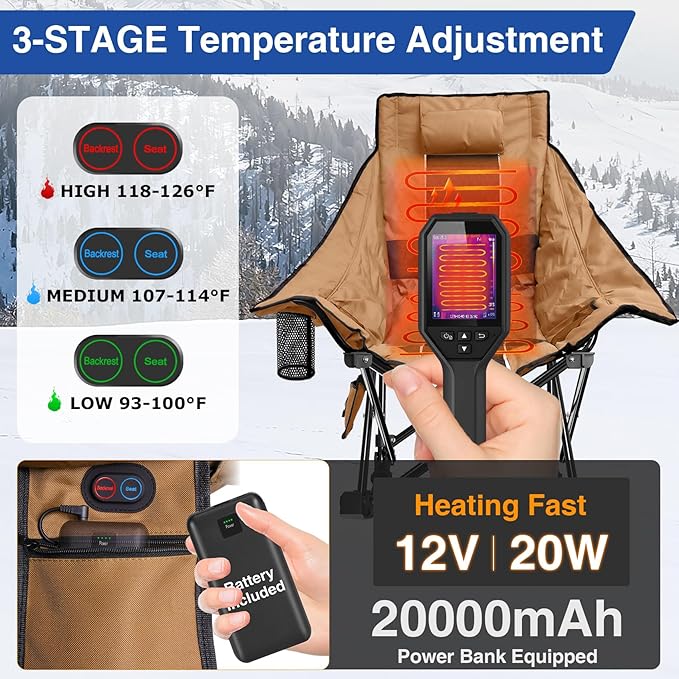 Slendor Heated Rocking Chair, Oversized Heated Camping Chair w/ 3 Levels Heat for Back+Seat, Heated Rocking Camping Chair with 20000 mAh Power Bank, Pillow, Side Pocket, Padded, Carry Bag, Tawny