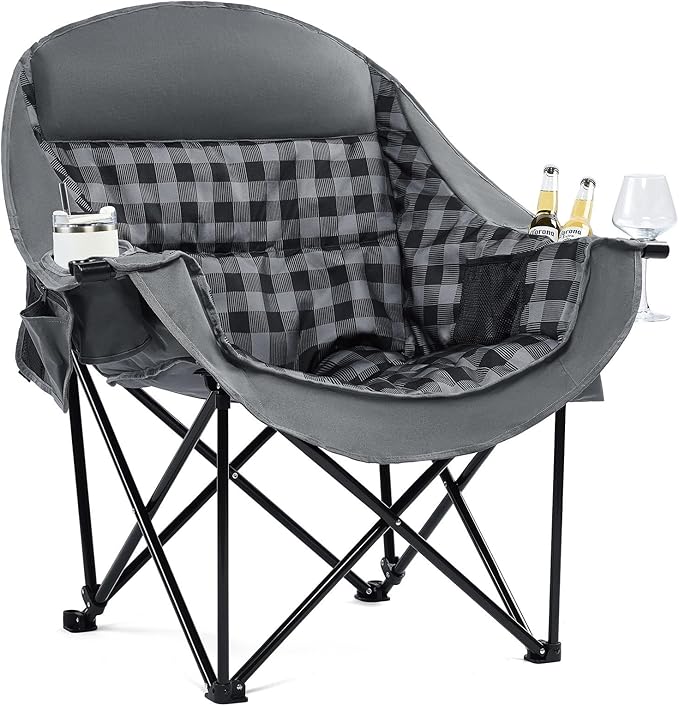 Oversized Camping Chairs for Adults - Heavy Duty Padded Outdoor Folding Lawn XL Camp Chair with Cup Holder Cooler Pockets for Outside Sports Beach Fishing Garden Portable Supports 500lbs, Grey
