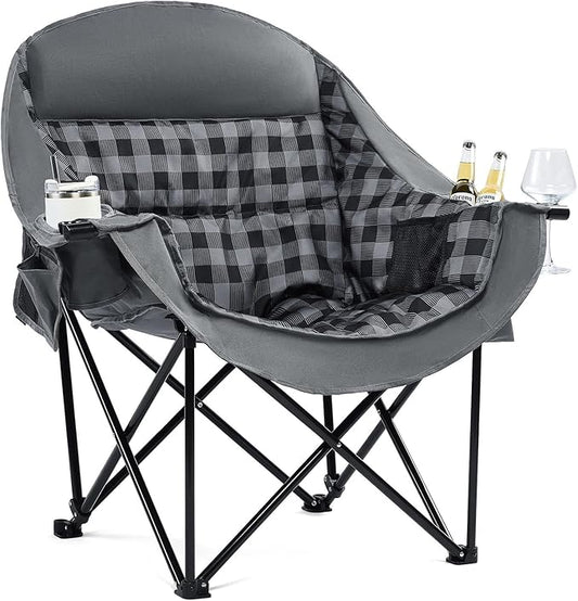 Oversized Camping Chairs for Adults - Heavy Duty Padded Outdoor Folding Lawn XL Camp Chair with Cup Holder Cooler Pockets for Outside Sports Beach Fishing Garden Portable Supports 500lbs, Grey