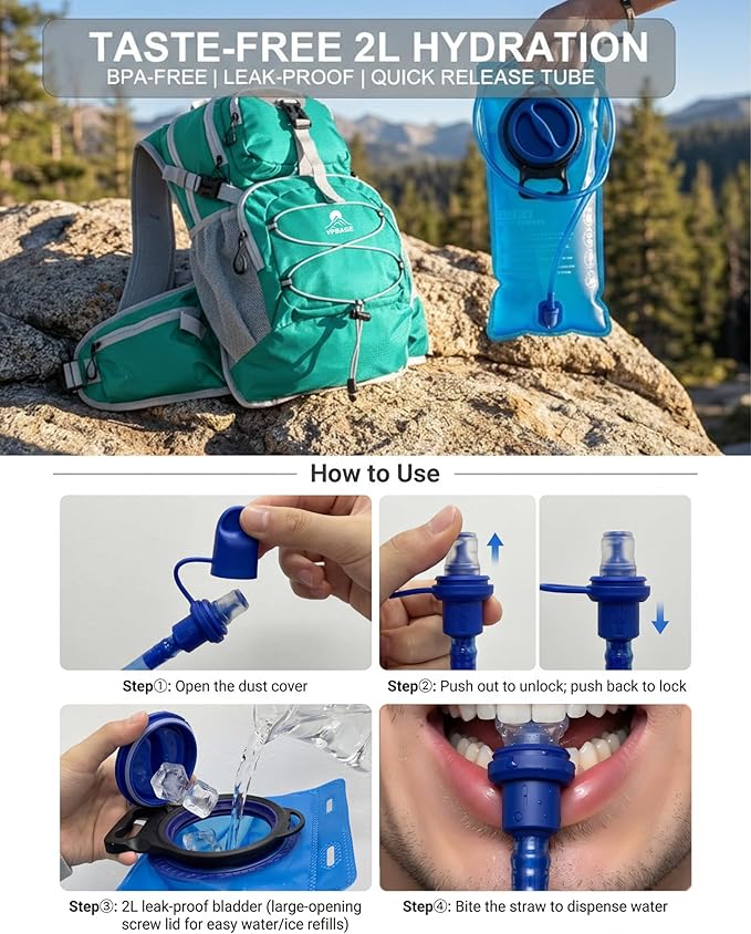 Hydration Backpack with 2L Bladder – Thermal Insulated Water Pack for Hiking, Skiing, Running – Lightweight Daypack for Men & Women, Soft-Lined Sunglasses Pocket & Large Waist Pockets