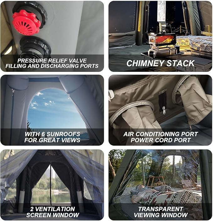 Inflatable Camping Tents 8-10 Person,129 Square Feets Large Inflatable Camping Tent with Stove Jack,Blow up Tent with Mesh Windows & Pump