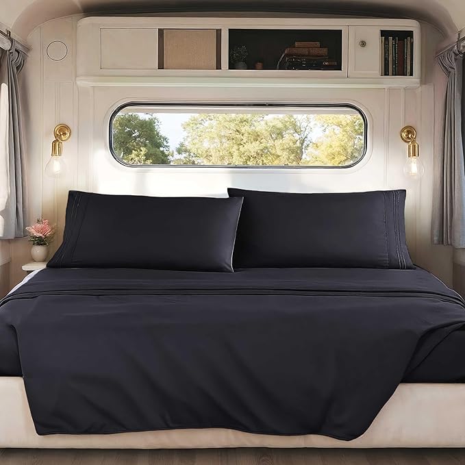 Hearth & Harbor Short Queen Sheets for RV, Black RV Queen Sheets, Silky Soft 1800 Microfiber Bed Sheet for Camper, 4 Piece RV Bedding with Pillowcases