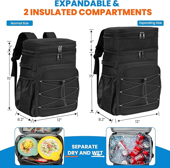 Expandable Cooler Backpack - 35/50 Cans Insulated Backpack Cooler for Men & Women, Portable 2 Leak Proof Compartments Coolers Bag for Picnic, Lunch, Hiking, BBQ Camping and Beach