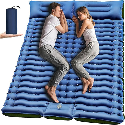 Double Camping Sleeping Pad with Built-in Foot Pump and Pillows – Ultralight Inflatable Sleeping Mat for 2 Person, Compact Air Mattress for Backpacking Hiking Tent Camping, Portable Outdoor