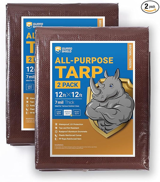 GUARD SHIELD Brown/Green Tarp 12x12 Feet Medium Duty Outdoor Waterproof Multi Purpose Poly Tarps Cover 7mil (2-Pack)