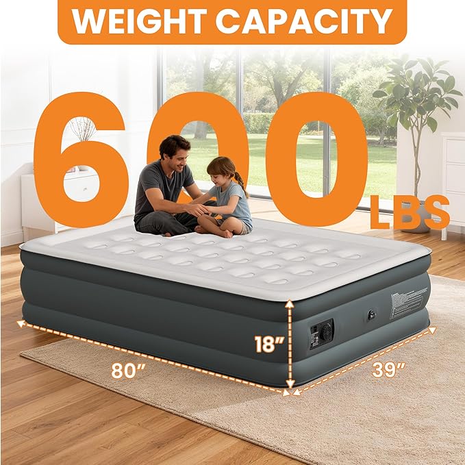 Full Air Mattress with Built-in Pump, 18 Raised Inflatable Air Mattress, 600 lbs Max Honeycomb Comfortable Air Bed with Storage Bag, for Camping, Home and Guest Use
