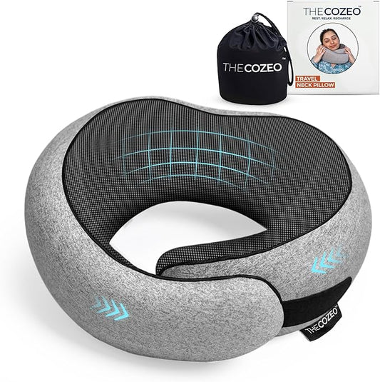 The Cozeo™ Travel Neck Pillow, 100% Pure Memory Foam Airplane Neck Pillow with Eye Mask & Earplug, Ideal for Long Flight, Car Road Trip Essentials & Sleeping | Comfortable & Suitable for Adults & Kids