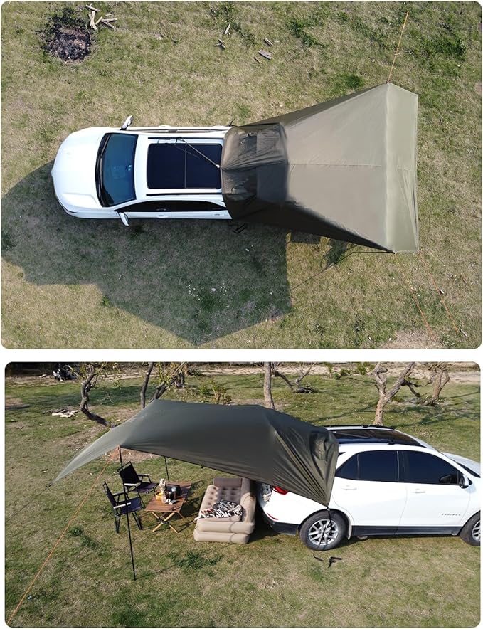 Car Awning Camping SUV Sun Shelter Waterproof Universal Tent Canopy Anti-UV for Van Campervan Caravan Truck Vehicle (Olive Green, 118"X118")