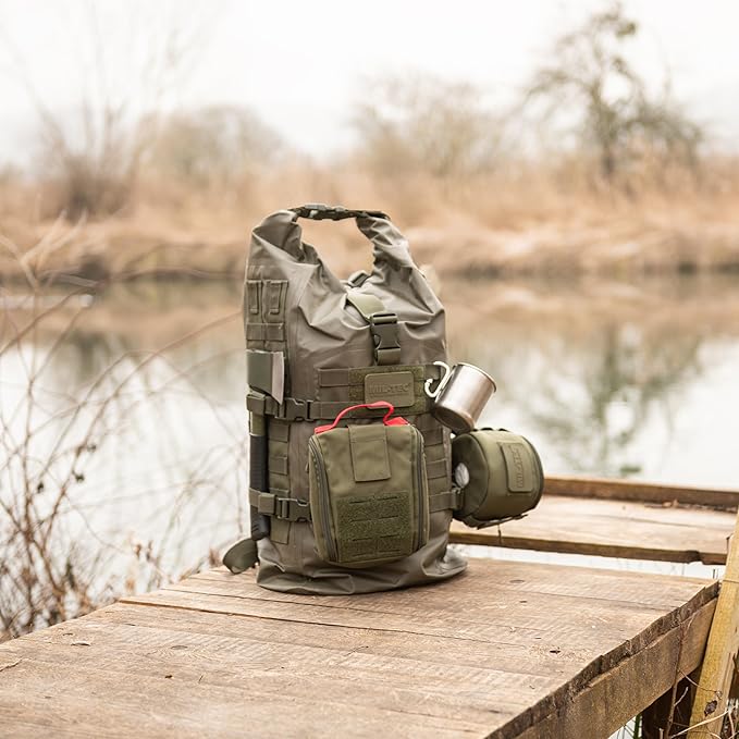 Mil-Tec Unisex 30L Tactical Seals Dry Bag - Secure Rugged Durable Waterproof Outdoor Kayaking Boating Camping Hiking MOLLE Backpack with Adjustable Wide Shoulder Straps & Padded Back, Olive Drab