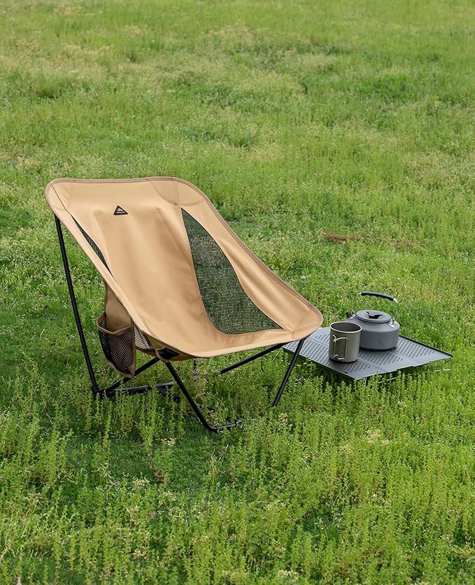 iClimb Low Ultralight Compact Camping Folding Chair with Side Pocket and Carry Bag (Khaki)