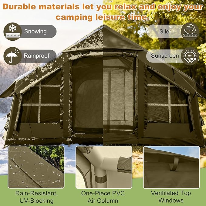Inflatable Tents for Camping with Stove Jack, 2/4/6/8 Person Easy Setup Blow Up Tents for 4 Seasons Waterproof Inflatable Camping Tent with Awning, Air House Glamping Tents for Camping Adult