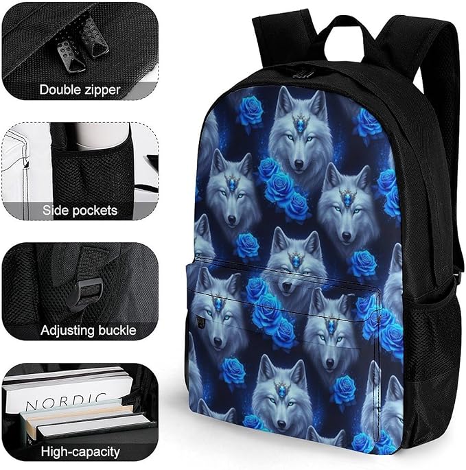 Convenient Anti-Theft Dual Shoulder Bag for Biking and Hiking Adventures, Blue Rose Wolf, Travel Hiking Daypack