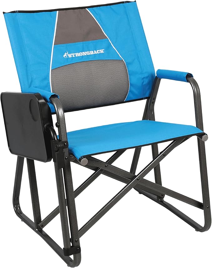 STRONGBACK Outdoor Chair Director Portable Camping Chair with Lumbar Support and Side Table - Heavy-Duty Foldable Chair - Blue/Grey