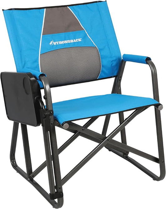 STRONGBACK Outdoor Chair Director Portable Camping Chair with Lumbar Support and Side Table - Heavy-Duty Foldable Chair - Blue/Grey