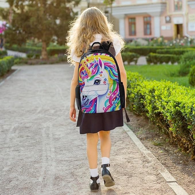 Men Women Polyester Colorful Rainbow Unicorn Daypack Big Capacity Shoulder Bag With Adjustable Shoulder Straps for Camping Travel Walking Cycling