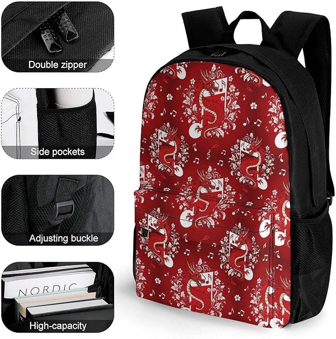 Polyester Daypack for Hiking Work Running, Big Capacity Anti-Theft Multipurpose Shoulder Bag, Music Note Dragon Cherry Flower Blossom Red Art Travel and Sport Backpack Rucksack