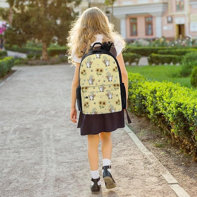 Men Women Polyester Yellow Sunflower Honey Bees Cute Gnome Floral Backpack Large Capacity Bookbag With Smooth Zippers for Climbing Picnic Bicycle