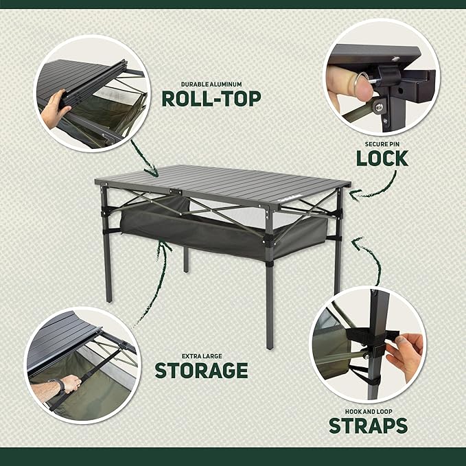 OUTSIDER Folding Camping Table, Portable Roll-up Outdoor Lightweight Aluminum Camp Table for Picnic BBQ Backyards Beach, Large Storage Mesh Pocket and Carrying Bag Included