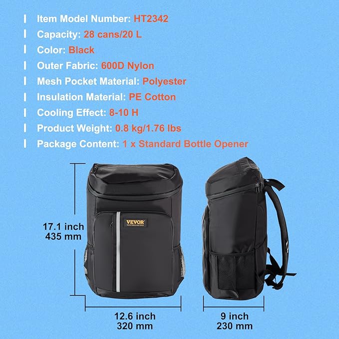 VEVOR Cooler Backpack, 28 Cans Backpack Cooler Leakproof, Waterproof Insulated Backpack Cooler, Lightweight Beach Cooler Bag with Shoulder Padding and Mesh Pocket for Hiking, Camping, BBQ