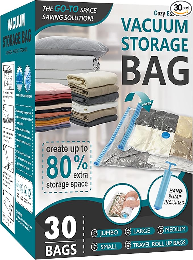 Cozy Essential Vacuum Storage Bags, Compression Space Saver Bags for Clothes, Comforters, Blankets, Pillow, Bedding, Sealer Clothing Storage,30 Combo