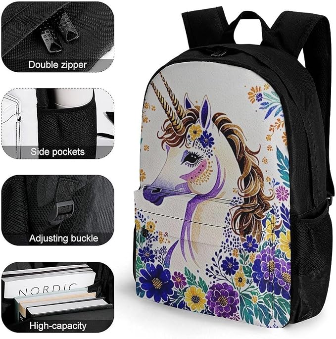 Supdreamc Daypack Anti-Theft Multipurpose Large Capacity Shoulder Bag, Unicorn Purple Flower Travel Hiking Camping Rucksack With Smooth Zippers