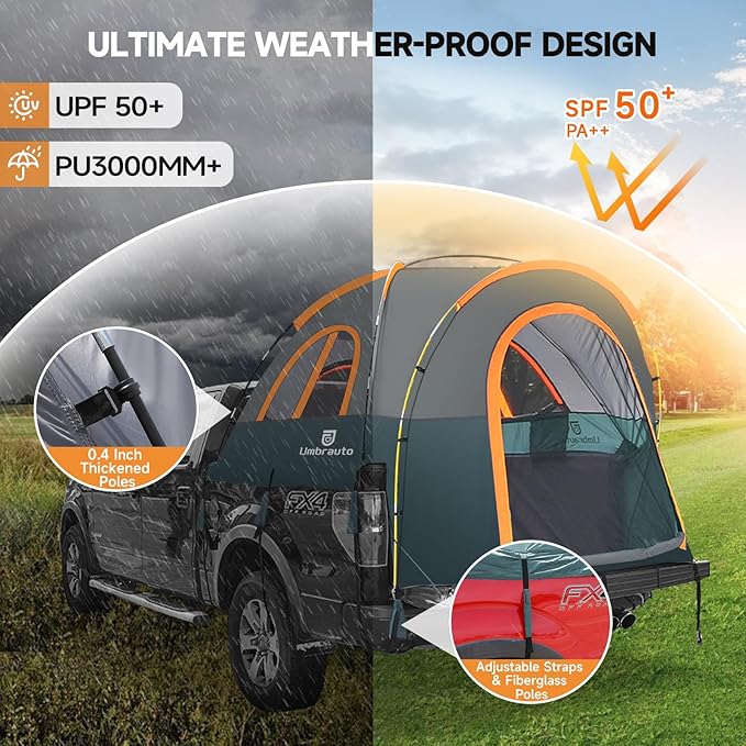 Truck Bed Tent 5.0' ~ 5.2': Easy Set Up Umburato Pickup Truck Tents for Camping, Waterproof PU3000mm Canopy for Truck Camper, Portable, Spacious for 2 Person