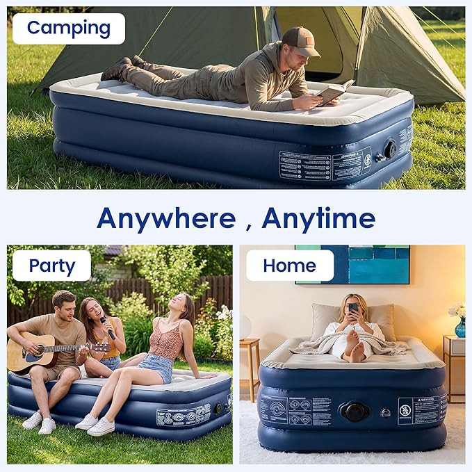 Camping Twin Air Mattress with Built-in Pump 18" Thickness 330lbs Heavy Duty Comfortable Blow up Air Mattress with Carry Bag Inflatable Foldable Flocked Top Air Bed for Travel, Home (Blue & Grey)