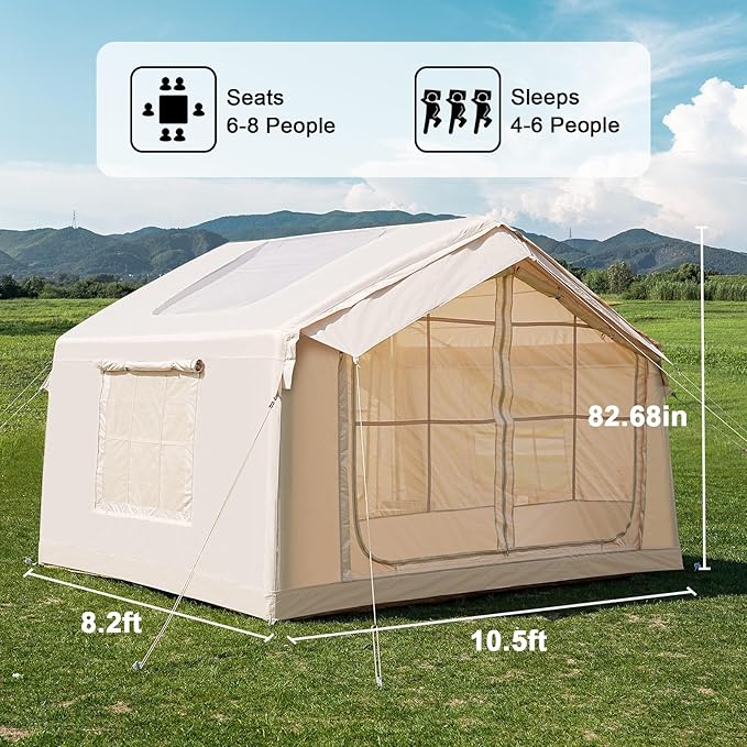 Inflatable Tents for Camping, Large Blow Up Tent with Hand Pump, Easy Setup InflatableTent 4 Season Tent, Waterproof Oxford Air Glamping Tents for Camping Adult 4/6/8/10/12 Person