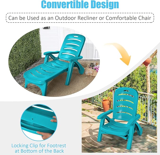 Tangkula Outdoor Chaise Lounge Chair, Adjustable 5-Position Recliner Chair with Built-in Wheels, Weather-Resistance Folding Lounge for Patio, Backyard, Poolside and Beach (2, Turquoise)